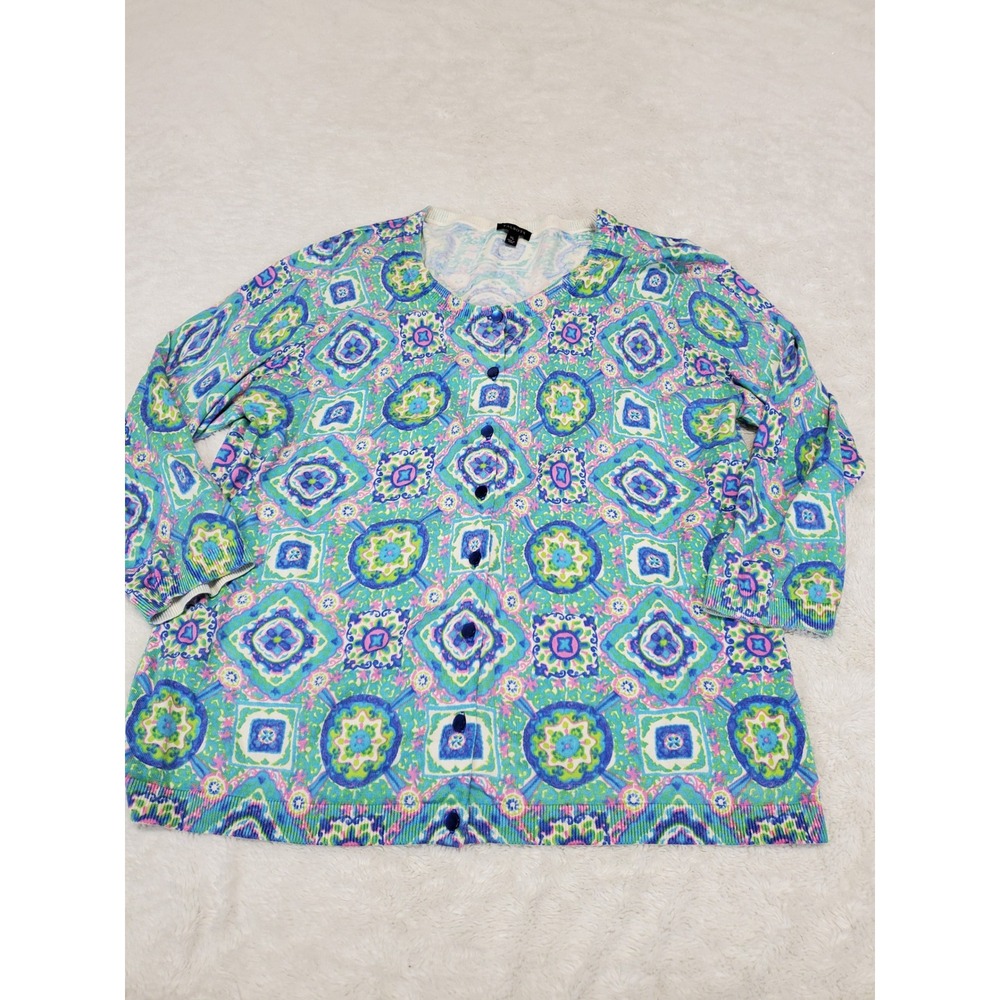 Talbots Green Blue Kaleidoscope 3/4 Sleeve Button Cardigan XL Maximalism Bold